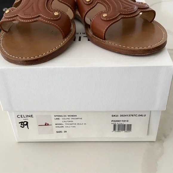 Celine Tan Triomphe Mule Sandals with Gold Details EU 39 - Picture 5 of 8